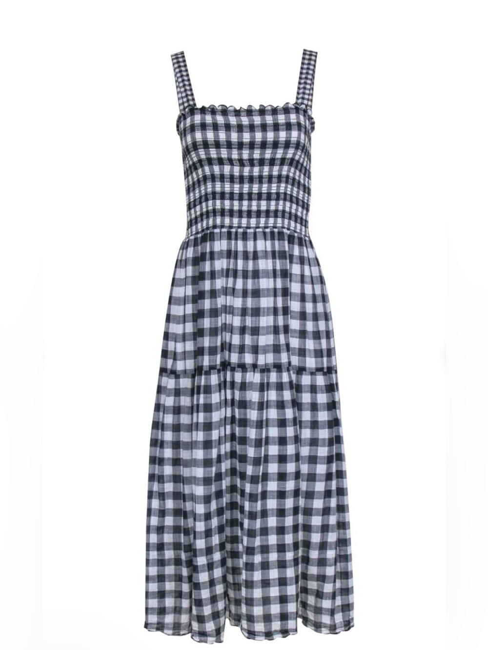 THE GREAT. Gingham Smocked Tiered Maxi Dress - Black/White Size 0